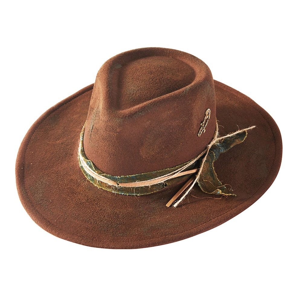 Brown Vintage Inspired Distressed Fabric Band Rustic Western Fedora Hat - Picture 4 of 4